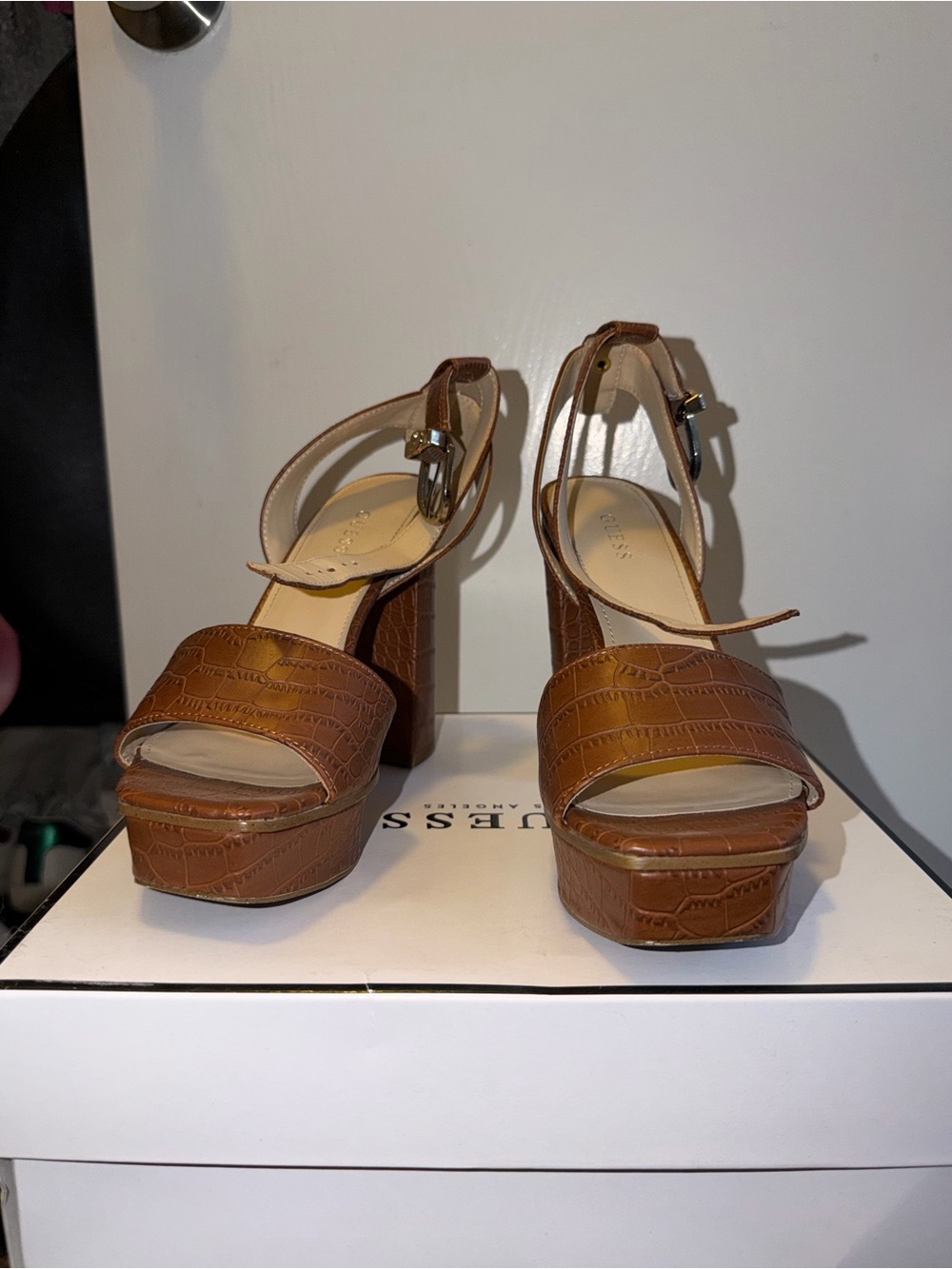 Guess Brown Croc-Embossed Platform Block Heel Sandals